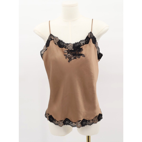 Josie Natori Tops - Josie Natori Y2K 100% Silk & Lace Trim Cami Tank Small Tan Black Camisole S